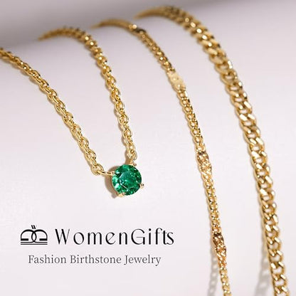 WomenGifts Layered Gold Necklaces for Women, 14K Gold Sterling Silver Plated Dainty Pendant Necklace Set Non Tarnish, Chunky Stackable Cuban Chain Choker, Trendy Birthstone Vacation Jewelry Gift - color: Gold, style: Cubic Zirconia-Created Emerald-May