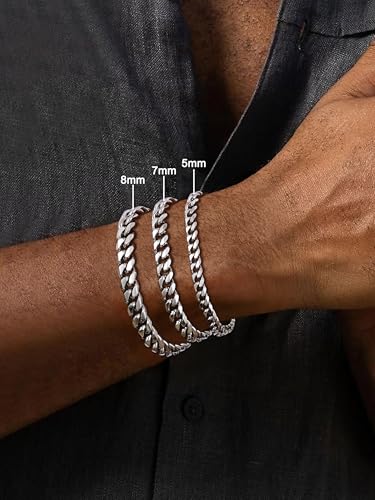 Fiusem Cuban link Bracelets for Men | 5mm/7mm/8mm Width, 7.1"/7.5"/7.9" Length Silver Tone Stainless Steel Bracelets for Men