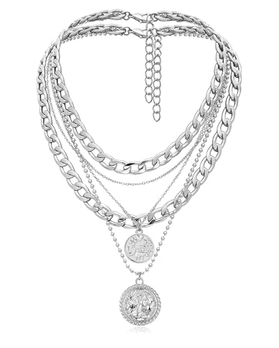 MJartoria Layered Necklaces for Women Trendy Retro Coin Pendant Necklace Dainty Chunky Chain Necklaces for Jewelry Birthday Gifts - color: Silver, style: A-Retro Coin-2PCS