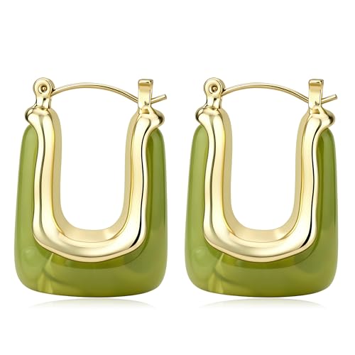 Chunky Gold Boho Hoop Dangle Earrings for Women Gold Plated Hypoallergenic Vintage Stainless Steel Resin Drop Prom Earrings Summer Prom Maximalist Jewelry Gift - color: Rectangle/Olive Green