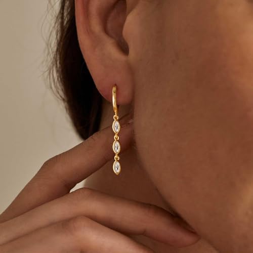 Dangle Earrings for Women Trendy, 14K Gold Plated CZ Huggie Drop Earrings, Dainty Long Chain Prom Wedding Jewelry Gift for Her - style: Marquise CZ