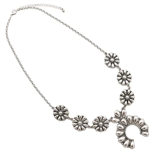 Rosemarie & Jubalee Women's Western Chunky Squash Blossom Statement Necklace,Burnished Silver Rolo Chain, Lobster Clasp, 22+3