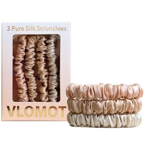 VLOMOT 3 Pcs Set 100% Pure Mulberry Silk Hair Scrunchies (Champagne) | Silk Hair Ties for Thin Hair with 3 Chic Colors Everyday Skinny Scrunchies Silk Ponytail Holders Hair Care No Damage - color: Champagne