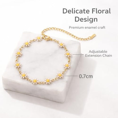 Women's Stainless Steel Daisy Anklet Gold Chain Dainty Flower Ankle Bracelet for Summer Beach Wear - color: White Daisy