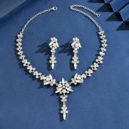 Wedding Jewelry Sets for Brides Rhinestone Necklace and Earring Set Bracelet Ring Gold Silver Prom Jewelry Sets Diamond Flower Teardrop Necklace for Women - color: Style5-Clear
