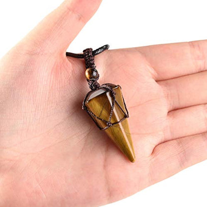 Top Plaza Mens Necklace, Crystal Gemstone Protection Pendant Necklace | Healing Crystals Necklace for Men Adjustable 6 Facet Pointed Necklace Energy Natural Quartz Protect Jewelry Gifts - color: Yellow - Tiger Eye Stone