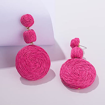 Statement Raffia Boho Round Dangle Ball Earrings - Cute Handmade Summer Bohemian Dangling Jewelry for Women - color: Rose