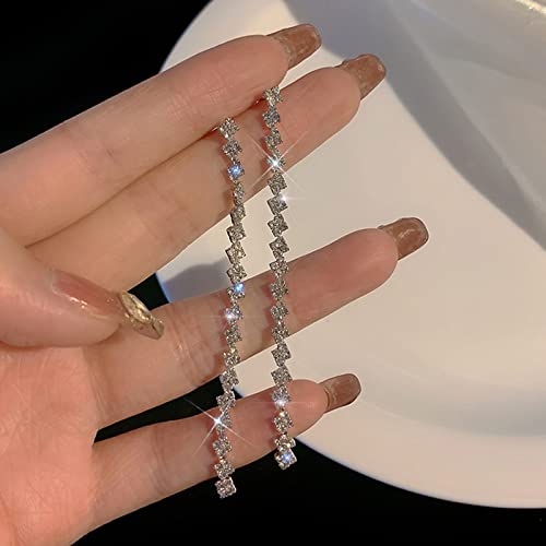 Luxval Rhinestone Earrings Dangling for Women Sparkly Silver Dangle Earrings Girls Long Chandelier Earrings Tassel Lightweight Ear Studs Cubic Zirconia Crystal Statement - color: Silver-Linear Drop Earrings