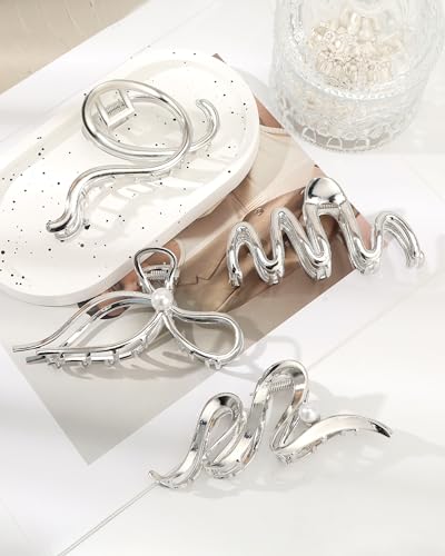 HAIMEIKANG 4 PCs Metal Hair Claw Clips - Irregular Large Clips for Women, Non-Slip Styling Accessories for Thick and Thin Hair (Silver) | Durable Metal Hair Clips for Thick or Thin Hair. Non-slip Silver Bow Claw Clips for Daily Wear, Party & Styling