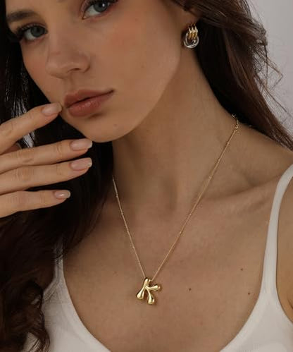 Bheop Initial Necklace for Women, Gold Silver A-Z Bubble Letter Necklace | Chunky Personalized Monogram Name Pendant, Cute Balloon Charm, Dainty Beaded Chain, Trendy Jewelry Gifts, Non Tarnish - color: Gold, style: K