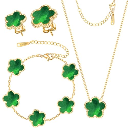 Clover Jewelry Set 3 PC - 18K Gold Plated Stainless Steel Y Necklace Four Leaf Pendant, Clover Link Bracelet Charm, Flower Earrings, Hypoallergenic Non-Tarnish,Simple Luxury Lucky Gifts for Women - color: Green