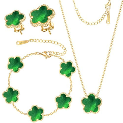 Clover Jewelry Set 3 PC - 18K Gold Plated Stainless Steel Y Necklace Four Leaf Pendant, Clover Link Bracelet Charm, Flower Earrings, Hypoallergenic Non-Tarnish,Simple Luxury Lucky Gifts for Women - color: Green