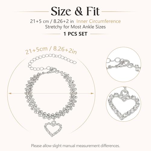 Fesciory Silver Ankle Bracelets for Women, Adjustable Rhinestone Pendant Tennis Anklet, Butterfly Heart Infinite Diamond Summer Beach Foot Chain Jewelry Gifts - style: Hollow Heart Pendant