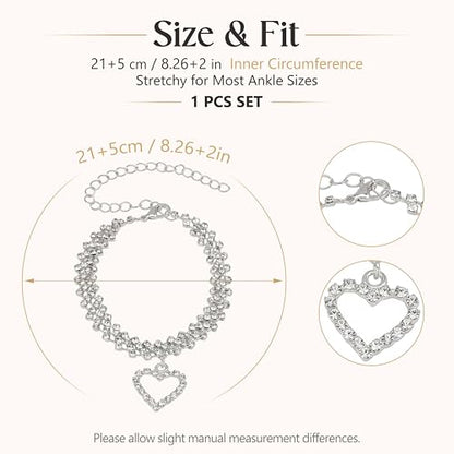 Fesciory Silver Ankle Bracelets for Women, Adjustable Rhinestone Pendant Tennis Anklet, Butterfly Heart Infinite Diamond Summer Beach Foot Chain Jewelry Gifts - style: Hollow Heart Pendant
