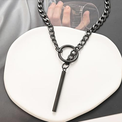 Slip Chain Necklace for Women Gothic Stainless Steel Bar Pendant Cuban Link Necklaces Adjustable Goth O Ring Long Necklaces Punk Rock Collar Choker Trendy Lariat Y Necklace - color: Black