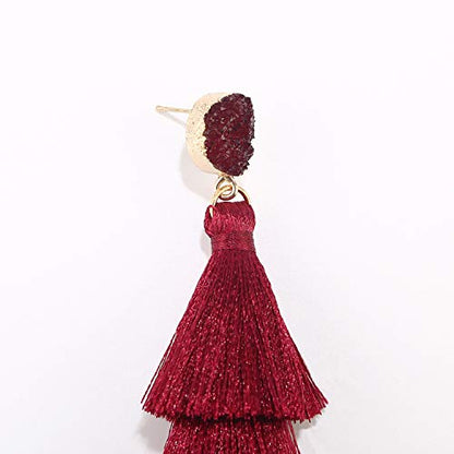 Bohemian Tiered Tassel Earrings with Druzy Stud for Women | Long Layered Fringe Drop Earrings, Statement Jewelry for Party Beach Festival - color: Burgundy Color