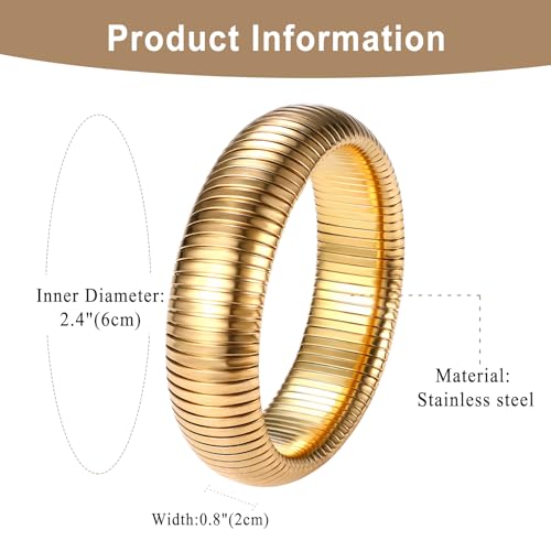 NMQLX Women's Elastic Bangle Bracelets: Stainless Steel Gold Chunky Wristband Bracelets - color: Gold - 20mm
