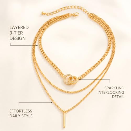 Layered Gold Necklace for Women Rhinestone Circle Pendant Necklace Triple Layer Chain Necklace Cuban Chain Bar Charm Jewelry for Work Date Gift