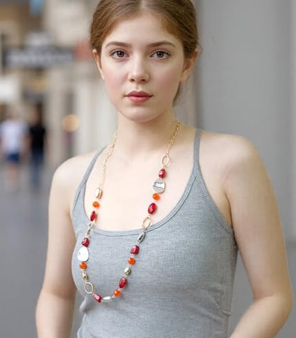 Long Gold Boho Necklaces for Women Beaded Statement Chain Long Necklace Gold Costume Jewelry Birthday Gifts for Her - color: 93-Dark Red