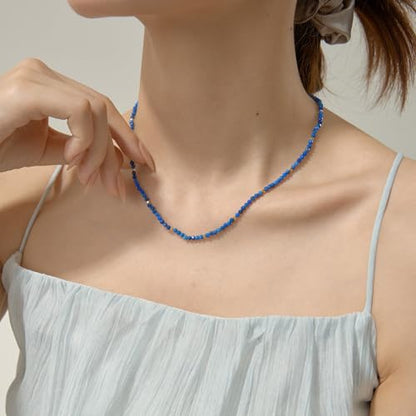 ARSIS Genuine Beaded Gemstone Necklace for Women, Colorful Natural Stone Handmade Bead Choker, Personalized Birthstone Necklace, Boho Summer Beach Necklace Layering Stackable Jewelry Gift - color: Lapis Lazuli (September)