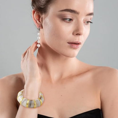YBMYCM Acrylic Chunky Bangles Bracelets for Women Resin Gold-plated Stackable Stretch Bracelet Wide Wristbands Gift Jewelry - color: Ivory white