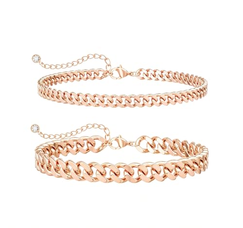 Tewiky Chunky Ankle Bracelets for Women,Dainty Layered Waterproof Anklet for Women Adjustable Cuban Set Stackable Cute Summer Beach Jewelry Gift - color: rose gold