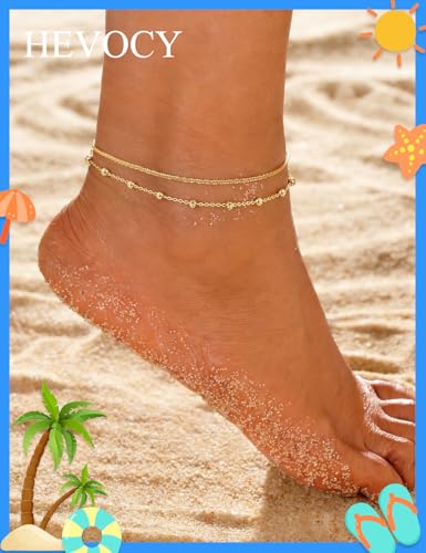 Gold Anklet Set for Women, Layered Beach Anklets | Layered gold-tone ankle bracelets, designed for beach days, vacations, and summer wear - style: Gold Anklet 2