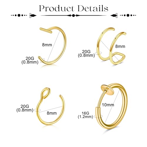 Fake Eyebrow Ring Fake Lip Labret Studs Replacement Balls Spike with 100pcs Sticker Non-Piercing Body Jewelry Fake Skin Piercing - color: C2 -Gold