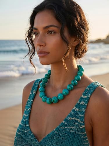 Chunky Beaded Necklaces for Women Statement Necklace | Bold Chunky Choker, Large Resin Beads, Adjustable Necklace, Boho Trendy Summer Beach Holiday Jewelry - color: Turquoise color