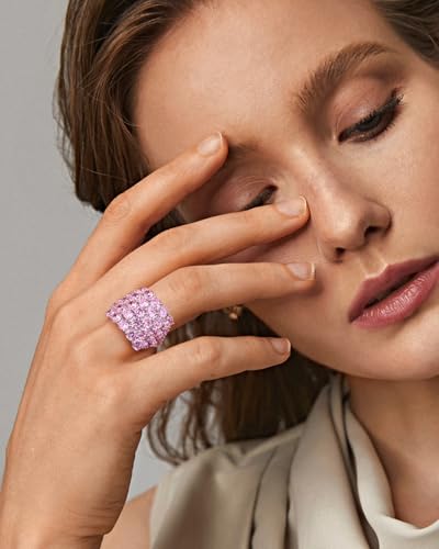 925 Sterling Silver Pave Birthstone Chunky Statement Rings for Women Men | 14K Gold Plated/Silver Large Dome Ring Birthday Cocktail Jewelry,Size 6 to 10(with Gift Box) - color: 10-Created Pink Sapphire-Oct.