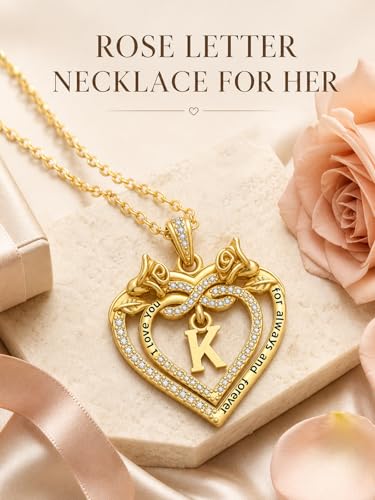 14K Gold Initial Letter Rose Heart Pendant Necklace for Women, Anniversary Birthday Jewelry Gifts for Wife Mom Grandma Sister Daughter, I Love You for Always And Forever - style: 14K Gold-K