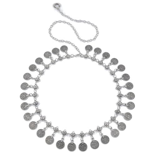 CHIC DIARY Metal Chain Belt for Women Coin Belly Link Tassel Belt for Dress | Boho Style Coin Pendant Tassel Belt Gold/Silver Adjustable Concho Belly Dance Belts for Dresses Skirts Jeans - color: Silver
