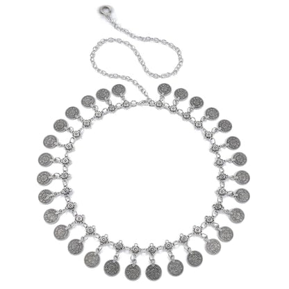 CHIC DIARY Metal Chain Belt for Women Coin Belly Link Tassel Belt for Dress | Boho Style Coin Pendant Tassel Belt Gold/Silver Adjustable Concho Belly Dance Belts for Dresses Skirts Jeans - color: Silver