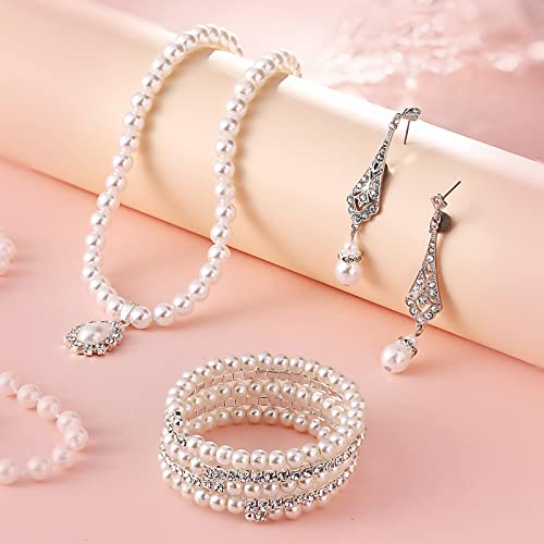 Bonuci 12 Pcs Women Pearl Jewelry Set Pearl Necklace Bracelet Earrings with Rhinestone for Wedding Birthday Bridal Tea Party - style: Elegant Style