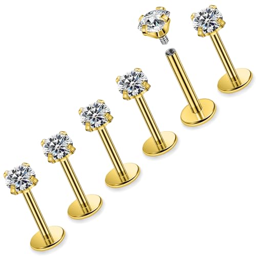 16G ASTM F136 Titanium Surgical Steel Internal Thread Flat Back Studs Earrings Lip Rings Labret Medusa Helix Tragus Cartilage Earring stud Piercing Jewelry for Women Men Silver Black Gold - style: 16g/4mm Clear cz/Gold 10mm