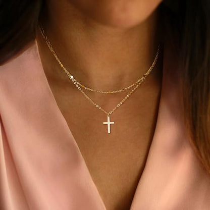 Cross Necklace for Women 14K Gold Silver Plated Small Cross Necklace Dainty Cross Pendant Choker Simple Trendy Cute Sideway Cross Charm Chain Necklaces for Women Trendy Christian Baptism Religious Faith Jewelry Gifts - size: Gold-519
