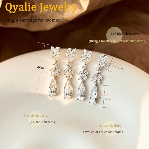 Dangle Drop Earrings for Women Wedding Bridal Rhinestone Long Cubic Zircon Dangling Crystal Chandelier Sparkly 14K Gold Plated Dainty Trendy Jewelry Gifts - color: Gold-Leaf Drop