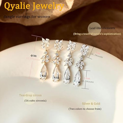 Dangle Drop Earrings for Women Wedding Bridal Rhinestone Long Cubic Zircon Dangling Crystal Chandelier Sparkly 14K Gold Plated Dainty Trendy Jewelry Gifts - color: Gold-Leaf Drop