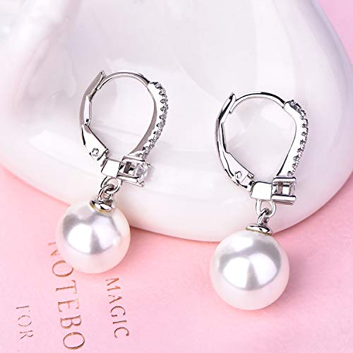 JO WISDOM 925 Sterling Silver Freshwater Pearl Hoop Earrings with Dangle Real Pearl,Simulated Pearls - color: C-10mm white pearl,round shape