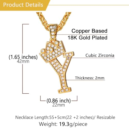 U7 Crown Initial Necklace Men Women, Bling Diamond A-Z 0-9 Letter Pendant with Wheat Chain, Silver/Black/Gold Plated CZ Alphabet Number Hip Hop Jersery for Father Husband - color: a. Gold, size: 25. Y
