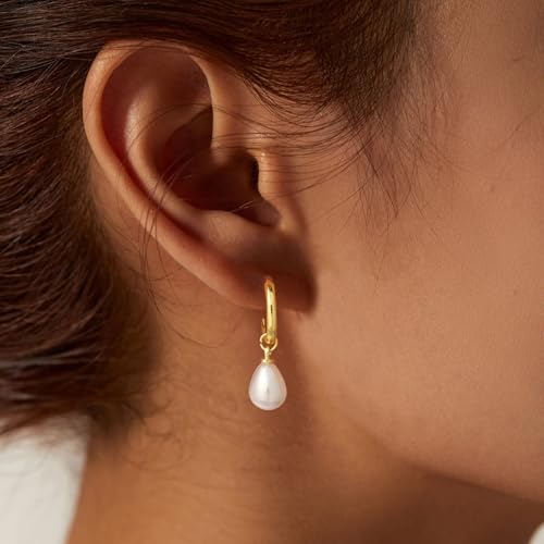 Pearl Earrings for Women Trendy, 14k Gold Plated Freshwater CZ Leaf Pearl Dangle Drop Gold Earrings Lightweight Hypoallergenic Stud Earring Bridesmaid Wedding Gold Jewelry for Women Gifts - style: hoop pearl-gold