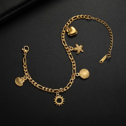 Jude Jewelers Stainless Steel Summer Holiday Clam Sun Heart Charms Strand Bracelet - color: Gold