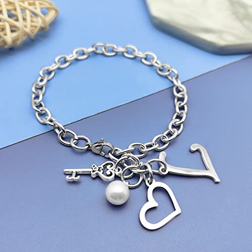 Initial A-Z Bracelets Gift for Women Girls Stainless Steel Chain Bracelet 26 Alphabet Jewelry Gifts for Birthday Anniversary Letter Bracelet Monogram Gifts for Sister Friend Girlfriends Mom 8.26 Inch - color: L