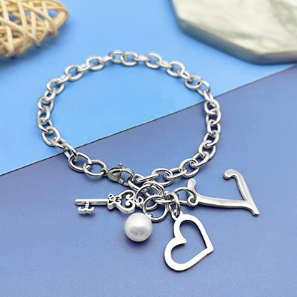 Initial A-Z Bracelets Gift for Women Girls Stainless Steel Chain Bracelet 26 Alphabet Jewelry Gifts for Birthday Anniversary Letter Bracelet Monogram Gifts for Sister Friend Girlfriends Mom 8.26 Inch - color: L