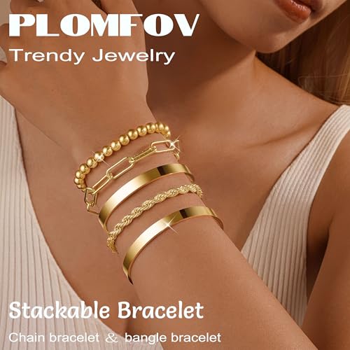 PLOMFOV Gold Bracelets for Women Stack Non Tarnish 14K Gold Plated Chunky Gold Bangles Bracelet Set Beaded Paperclip Chain Cuban Link Dainty Trendy Waterproof Stackable Cuff Bracelets Jewelry Gifts for Women - color: 5Pcs Gold-Band Set