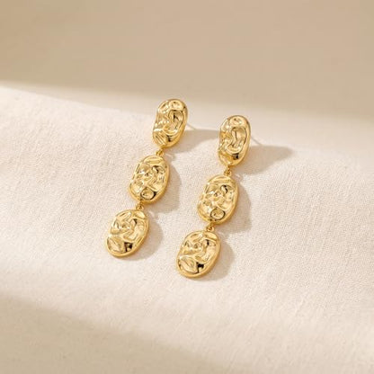 Gold Dangle Earrings for Women,Chunky 14K Gold Plated Drop Dangle Stud Earrings Long Statement Hammered Earring Hypoallergenic Jewelry for Women Gifts - style: Round Hammered-GD