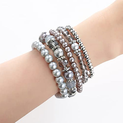 Noessla Beaded Pearl Stretch Bracelet Silver Stackable Crystal Beads Bracelets Trendy Costume Jewelry Mothers Day Gifts for Women - color: Grey