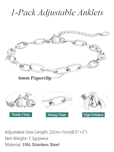 FaithHeart Waterproof Ankle Bracelets for Women, 1/2/3Pcs Non Tarnish Stainless Steel Layered Anklet Set Paperclip Figaro Cuban Link Chain Dainty Summer Beach Jewelry Gift Adjustable Size - style: c.Paperclip - Silver