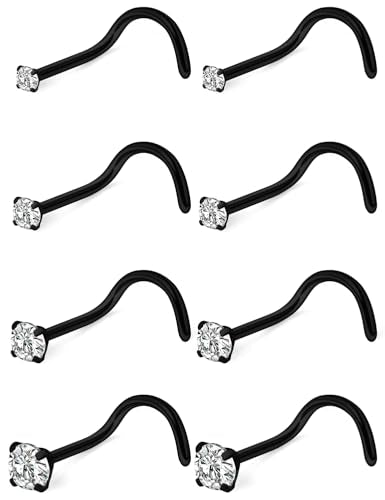 Hoeudjo Hypoallergenic Nose Rings Studs 24G Surgical Stainless Steel Cubic Zirconia Nose Studs for Women Men Screw & Bone & L Shaped Nostril Piercing Jewelry with 1.5mm 2mm 2.5mm 3mm CZ - color: black,screw nose studs