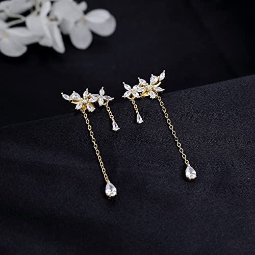 SLUYNZ 925 Sterling Silver Dainty CZ Flowers Wrap Earrings Dangle Chain for Women Elegant Dangling Earrings Bridal Earrings Wedding Engagement Drop Earrings Prom Engagement Party Jewelry - color: C-18K Gold Plated
